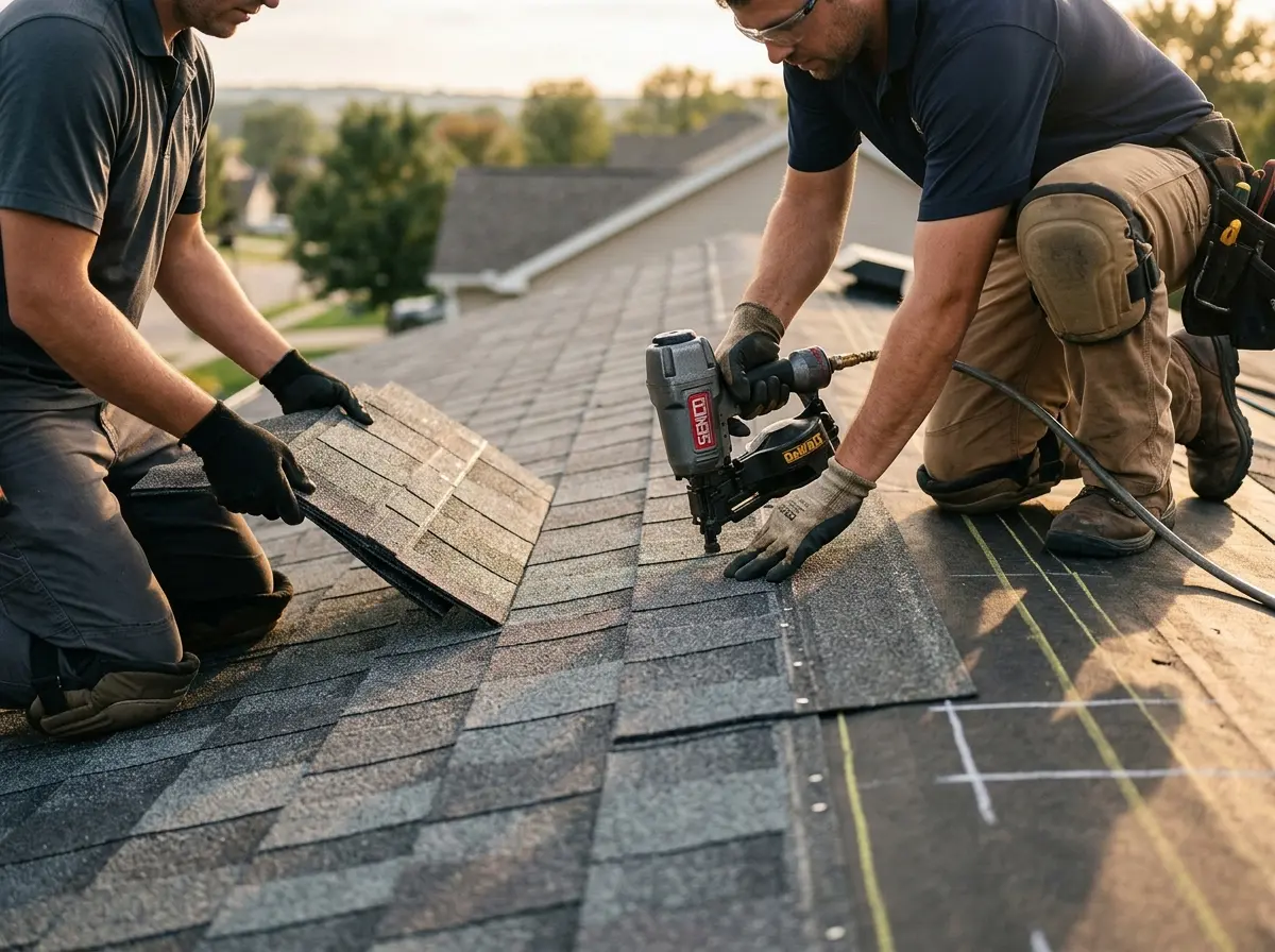 Professional roofer working on a residential roof in Pollock Pines